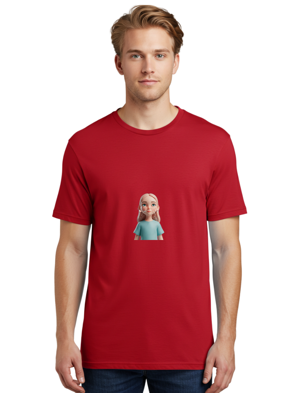 Blonde-Girl Men'S Graphic Tee, 100% Cotton, Comfortable Casual Summer Wear, Machine Washable, Cartoon Girl, 3D Character, Blue Eyes, Pink Hair, Light Blue Shirt, Freckles, Cute Expression, Pink Cheeks, Digital Art, Virtual Avatar Bac636