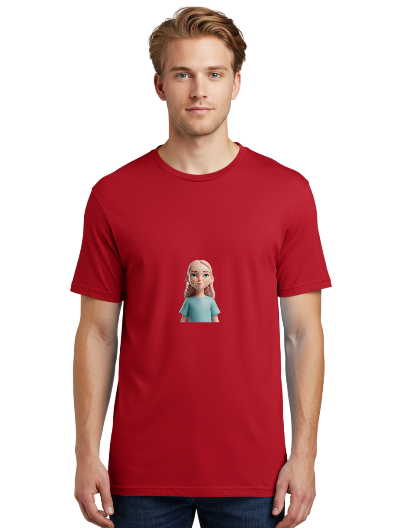Blonde-Girl Men'S Graphic Tee, 100% Cotton, Comfortable Casual Summer Wear, Machine Washable, Cartoon Girl, 3D Character, Blue Eyes, Pink Hair, Light Blue Shirt, Freckles, Cute Expression, Pink Cheeks, Digital Art, Virtual Avatar Bac636