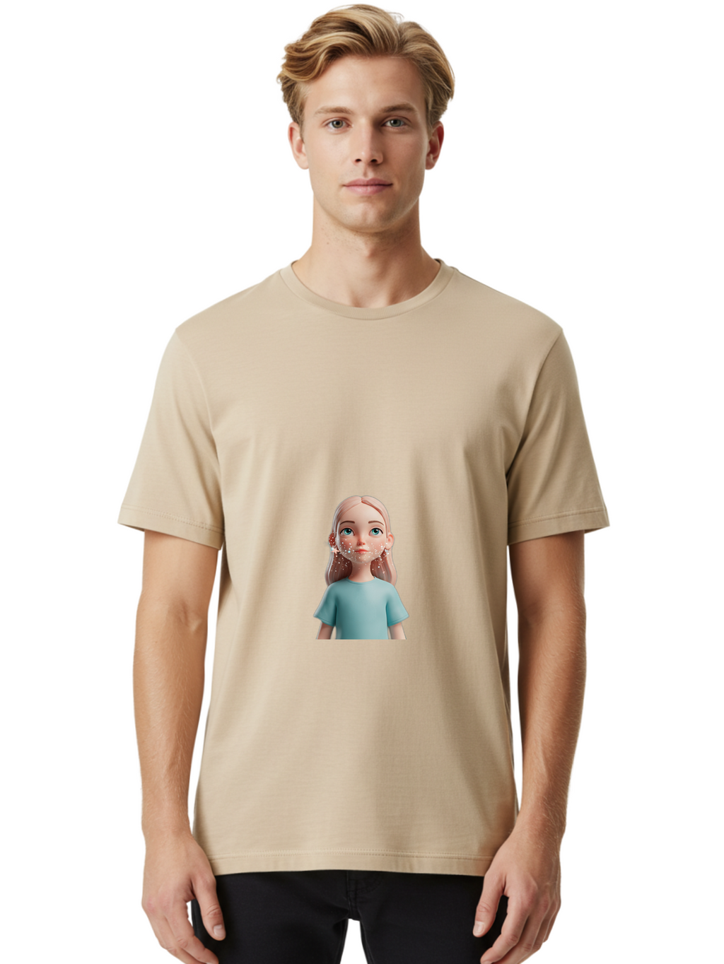 Blonde-Girl Men'S Graphic Tee, 100% Cotton, Comfortable Casual Summer Wear, Machine Washable, Cartoon Girl, 3D Character, Blue Eyes, Pink Hair, Light Blue Shirt, Freckles, Cute Expression, Pink Cheeks, Digital Art, Virtual Avatar Bac636