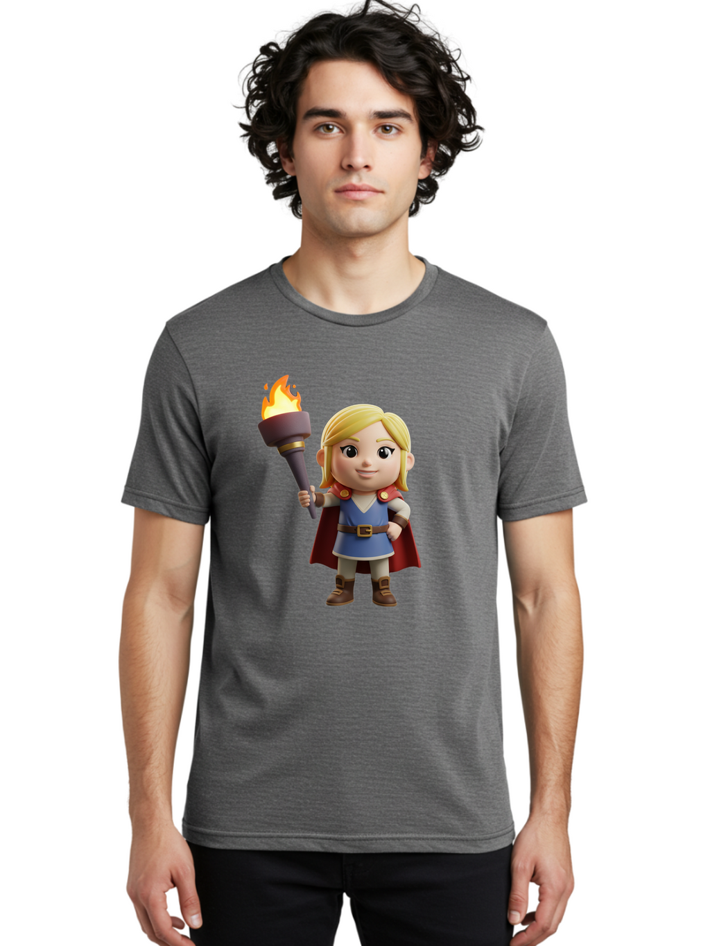 Blonde-Hero Men'S Graphic Tee, 100% Cotton, Comfortable Casual Summer Wear, Machine Washable, Cartoon Hero, Blonde Hair, Red Cape, Blue Dress, Torch In Hand, Heroic Pose, Youthful Energy, Chibi Style, Fantasy Character, Heroic Attire, Flame, Bac637