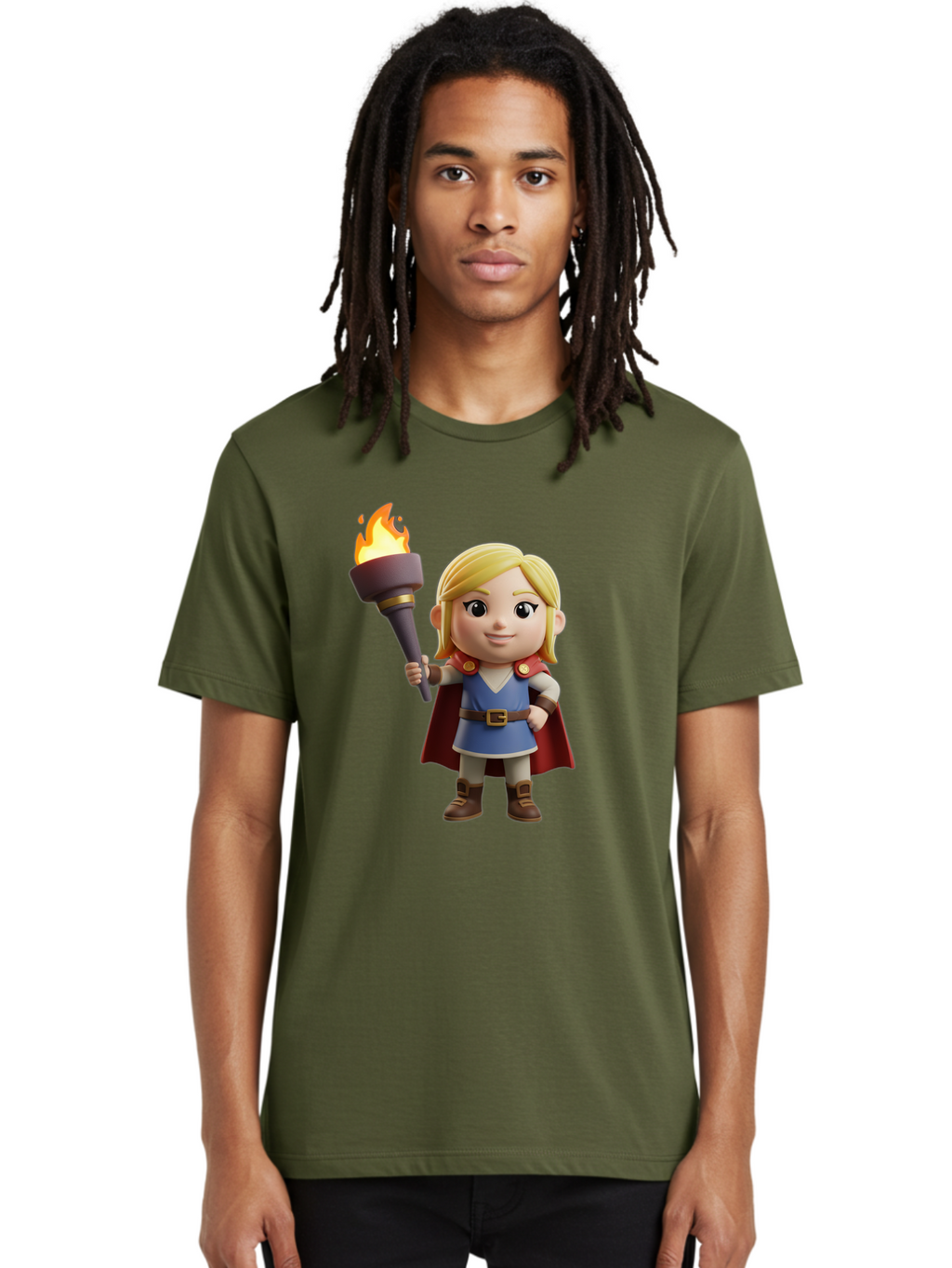 Blonde-Hero Men'S Graphic Tee, 100% Cotton, Comfortable Casual Summer Wear, Machine Washable, Cartoon Hero, Blonde Hair, Red Cape, Blue Dress, Torch In Hand, Heroic Pose, Youthful Energy, Chibi Style, Fantasy Character, Heroic Attire, Flame, Bac637