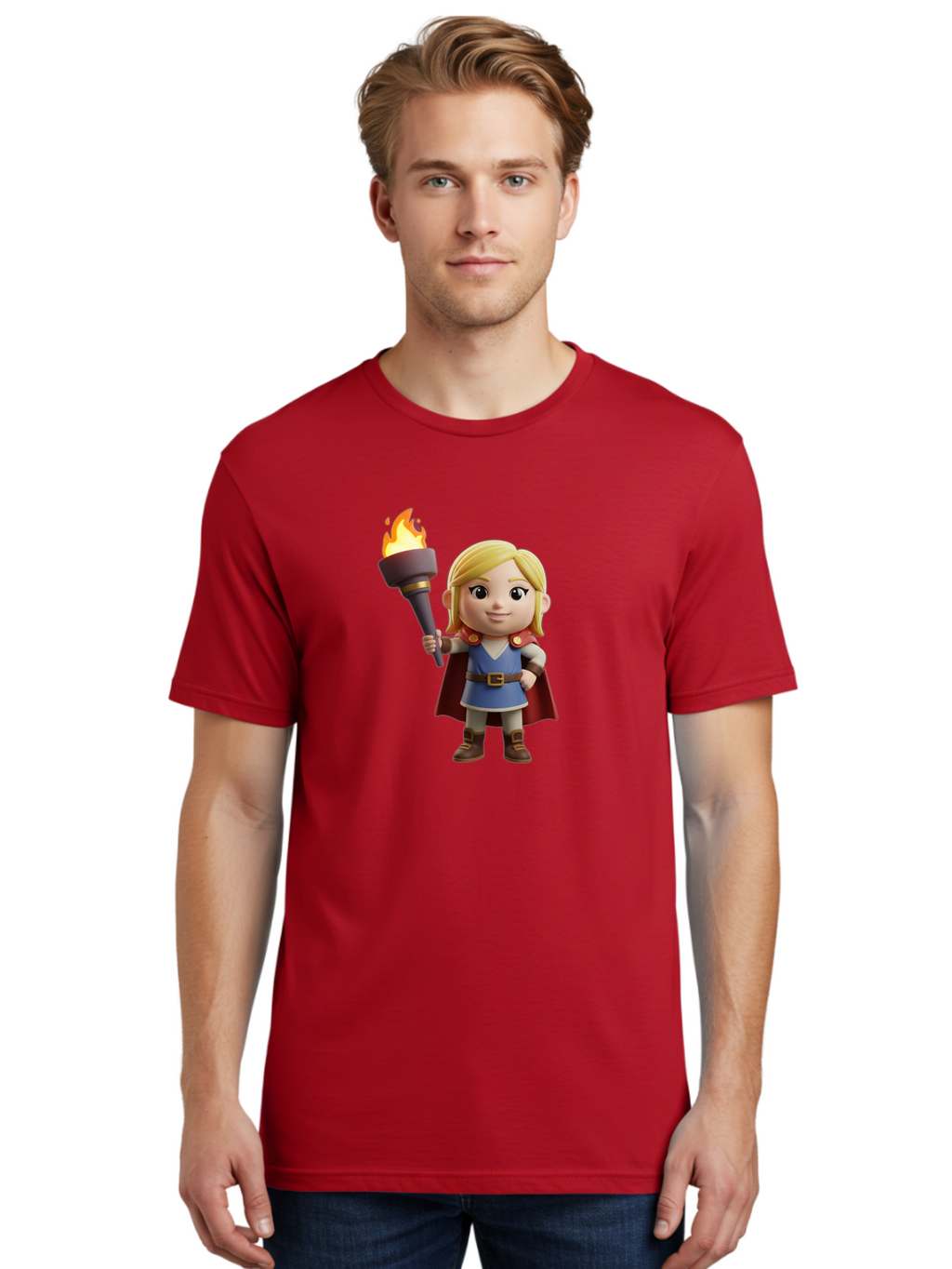 Blonde-Hero Men'S Graphic Tee, 100% Cotton, Comfortable Casual Summer Wear, Machine Washable, Cartoon Hero, Blonde Hair, Red Cape, Blue Dress, Torch In Hand, Heroic Pose, Youthful Energy, Chibi Style, Fantasy Character, Heroic Attire, Flame, Bac637