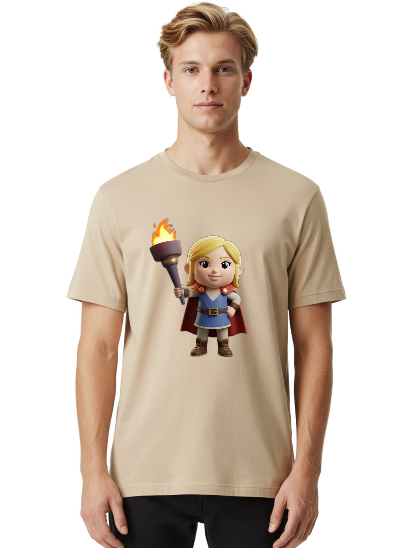 Blonde-Hero Men'S Graphic Tee, 100% Cotton, Comfortable Casual Summer Wear, Machine Washable, Cartoon Hero, Blonde Hair, Red Cape, Blue Dress, Torch In Hand, Heroic Pose, Youthful Energy, Chibi Style, Fantasy Character, Heroic Attire, Flame, Bac637