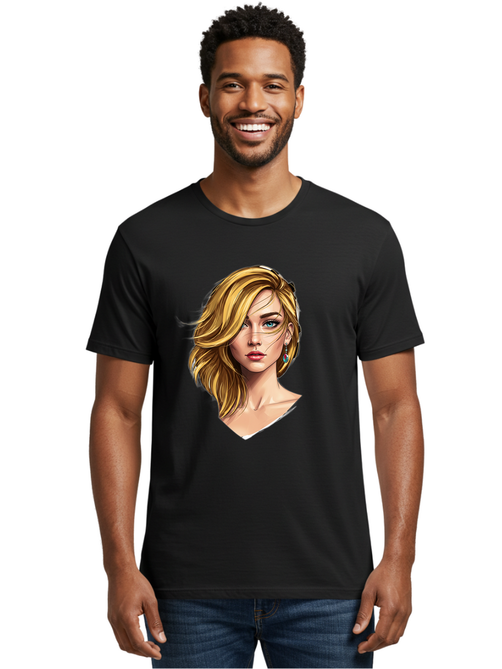 Blonde-Woman-Portrait-1 Men'S Graphic Tee, 100% Cotton, Comfortable Casual Summer Wear, Machine Washable, Blonde Woman, Blue Eyes, Red Lips, Earrings, Portrait Illustration, Digital Art, Fashion Model, Beauty, Glamour, Stylish Hair, Bac638
