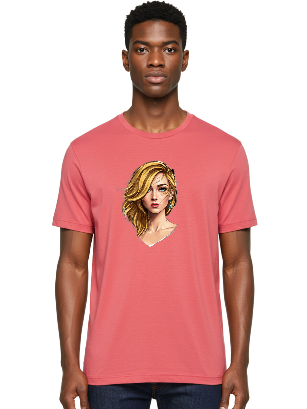 Blonde-Woman-Portrait-1 Men'S Graphic Tee, 100% Cotton, Comfortable Casual Summer Wear, Machine Washable, Blonde Woman, Blue Eyes, Red Lips, Earrings, Portrait Illustration, Digital Art, Fashion Model, Beauty, Glamour, Stylish Hair, Bac638