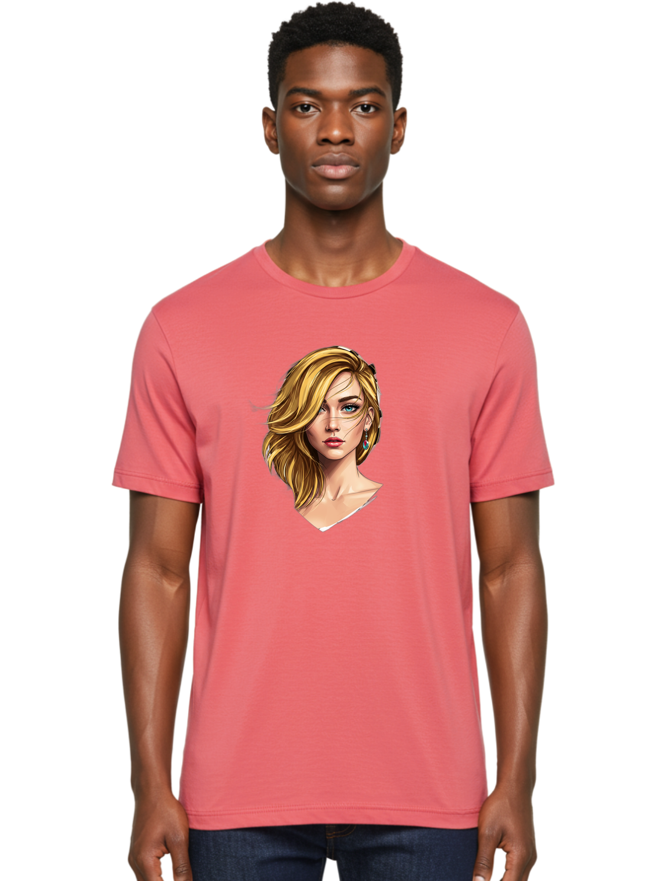 Blonde-Woman-Portrait-1 Men'S Graphic Tee, 100% Cotton, Comfortable Casual Summer Wear, Machine Washable, Blonde Woman, Blue Eyes, Red Lips, Earrings, Portrait Illustration, Digital Art, Fashion Model, Beauty, Glamour, Stylish Hair, Bac638