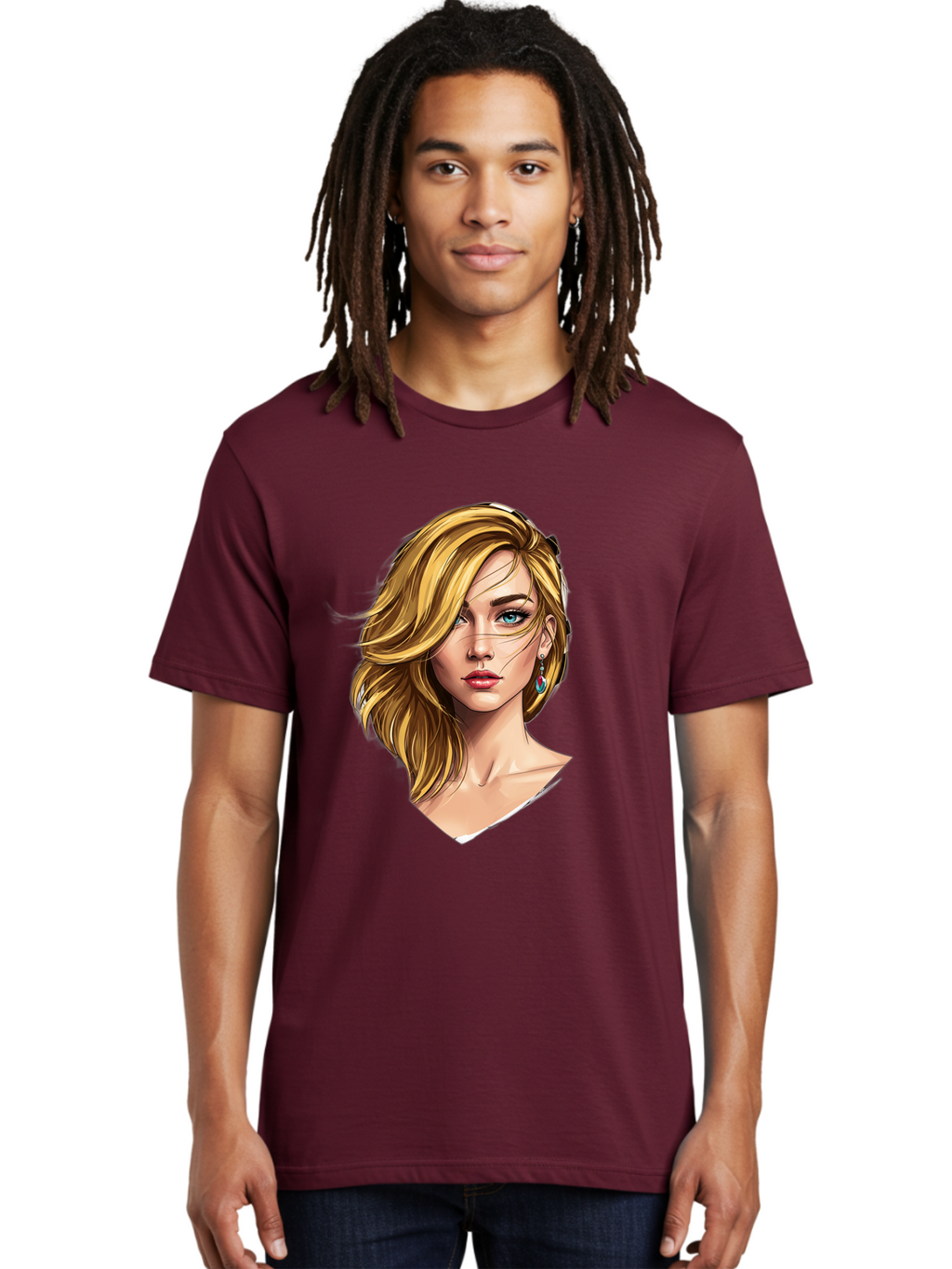 Blonde-Woman-Portrait-1 Men'S Graphic Tee, 100% Cotton, Comfortable Casual Summer Wear, Machine Washable, Blonde Woman, Blue Eyes, Red Lips, Earrings, Portrait Illustration, Digital Art, Fashion Model, Beauty, Glamour, Stylish Hair, Bac638