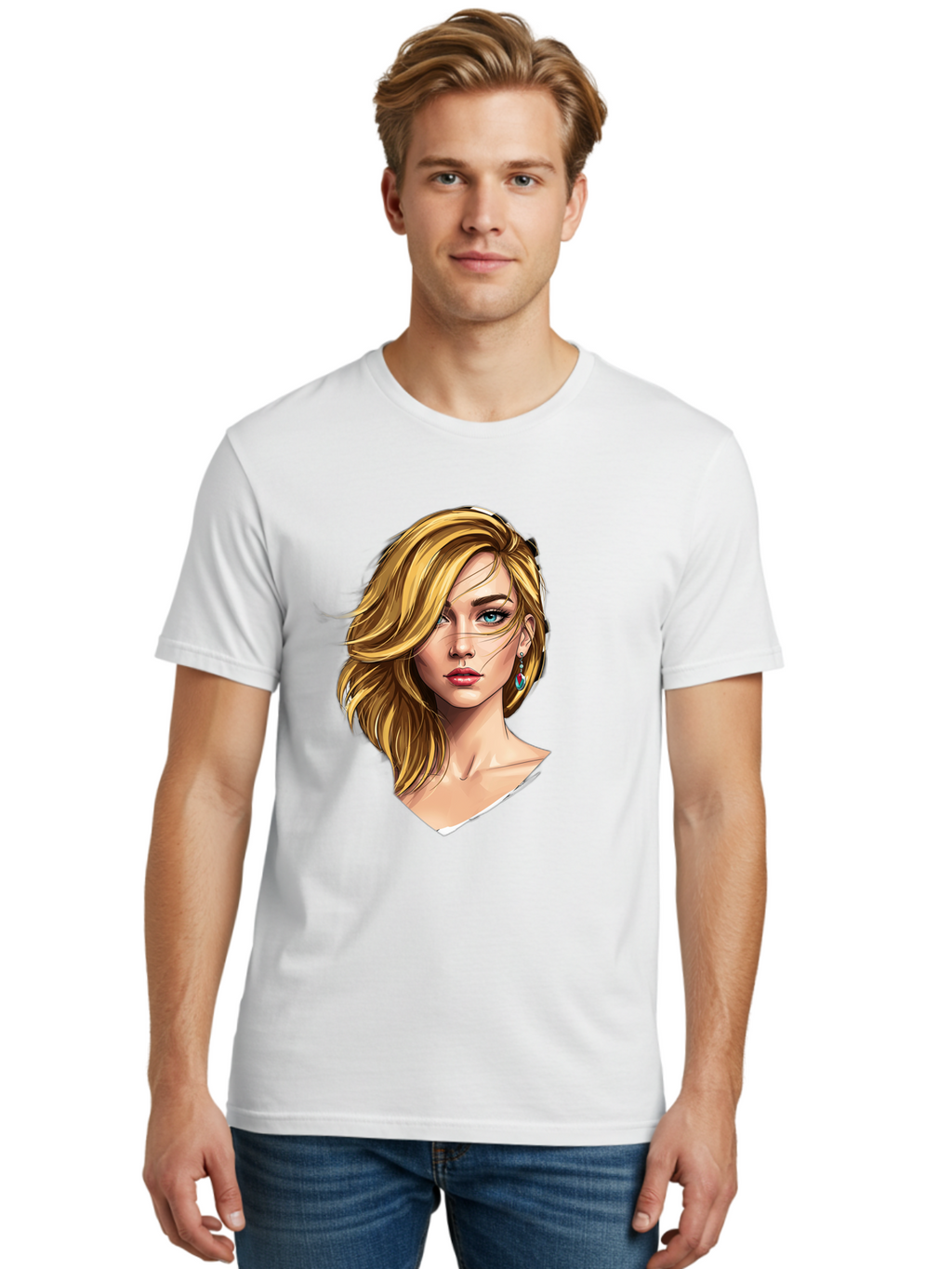Blonde-Woman-Portrait-1 Men'S Graphic Tee, 100% Cotton, Comfortable Casual Summer Wear, Machine Washable, Blonde Woman, Blue Eyes, Red Lips, Earrings, Portrait Illustration, Digital Art, Fashion Model, Beauty, Glamour, Stylish Hair, Bac638