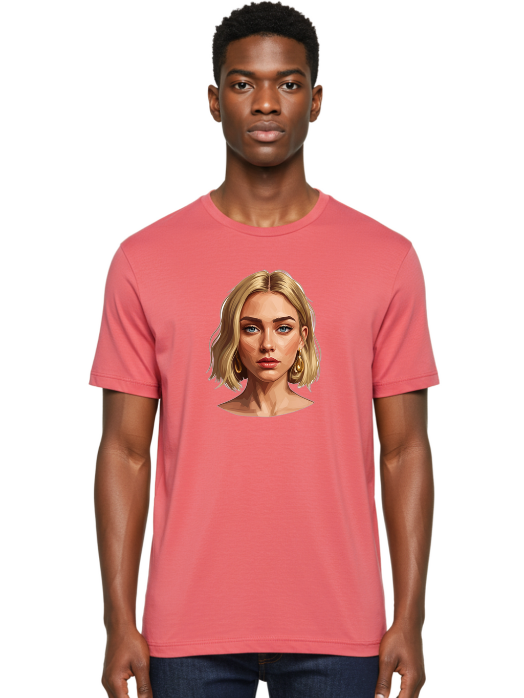 Blonde-Woman-Portrait-2 Men'S Graphic Tee, 100% Cotton, Comfortable Casual Summer Wear, Machine Washable, Blonde Woman, Blue Eyes, Gold Earrings, Digital Illustration, Portrait, Beauty, Fashion, Modern Style, Chic Look Bac639