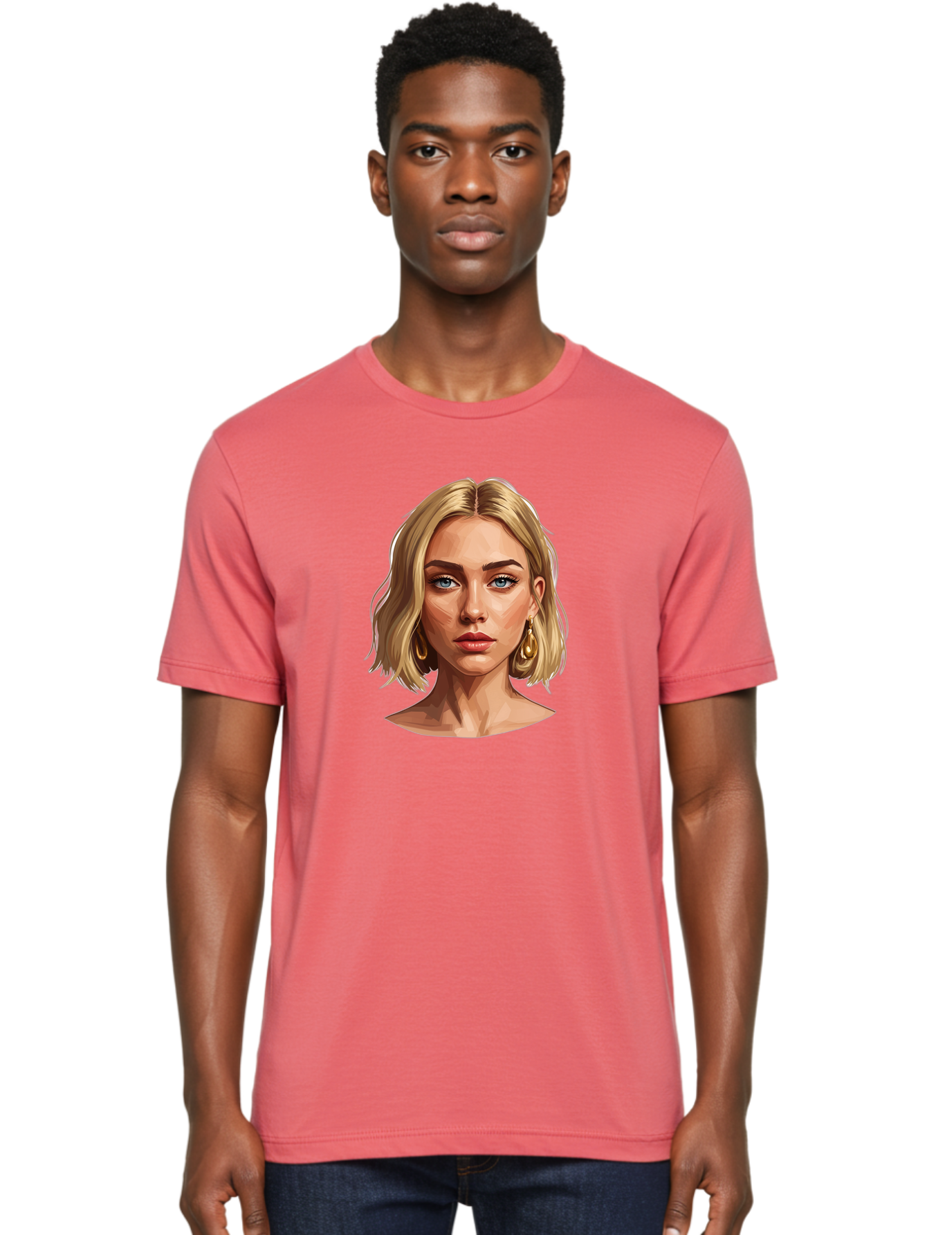 Blonde-Woman-Portrait-2 Men'S Graphic Tee, 100% Cotton, Comfortable Casual Summer Wear, Machine Washable, Blonde Woman, Blue Eyes, Gold Earrings, Digital Illustration, Portrait, Beauty, Fashion, Modern Style, Chic Look Bac639