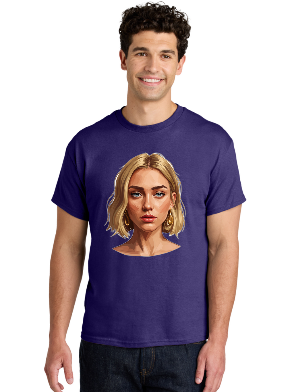 Blonde-Woman-Portrait-2 Men'S Graphic Tee, 100% Cotton, Comfortable Casual Summer Wear, Machine Washable, Blonde Woman, Blue Eyes, Gold Earrings, Digital Illustration, Portrait, Beauty, Fashion, Modern Style, Chic Look Bac639