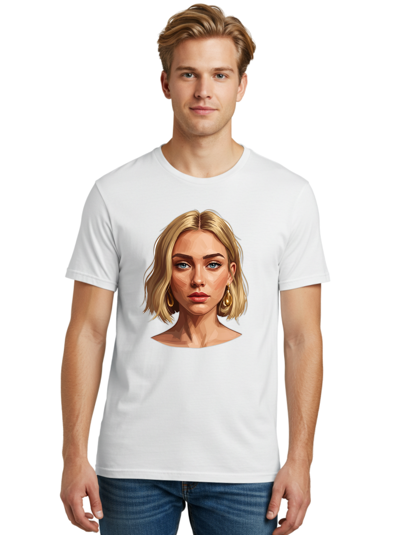 Blonde-Woman-Portrait-2 Men'S Graphic Tee, 100% Cotton, Comfortable Casual Summer Wear, Machine Washable, Blonde Woman, Blue Eyes, Gold Earrings, Digital Illustration, Portrait, Beauty, Fashion, Modern Style, Chic Look Bac639