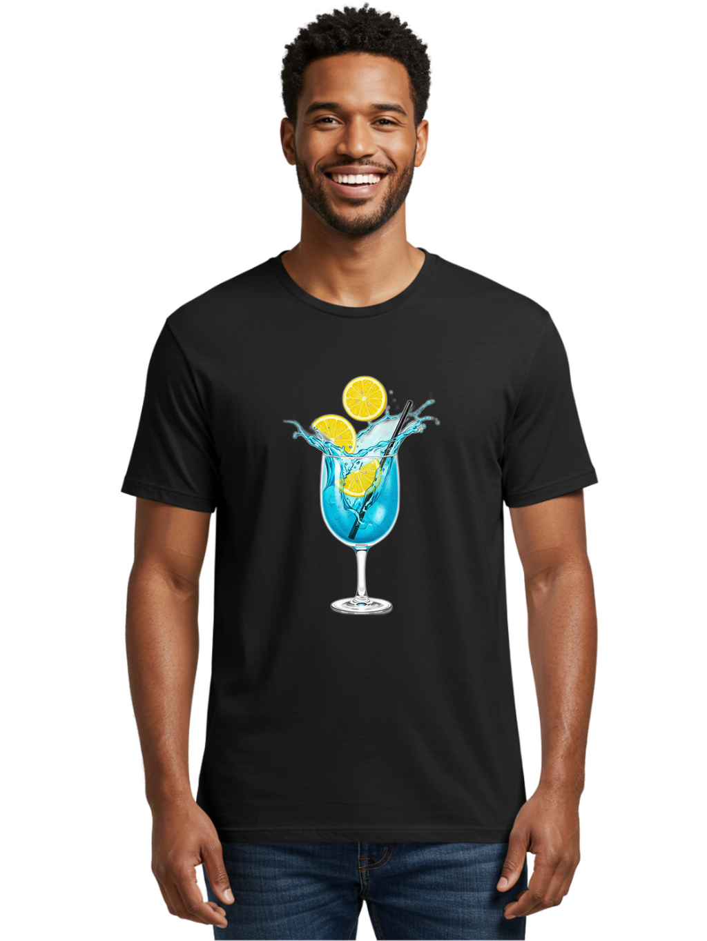 Blue-Cocktail Men'S Graphic Tee, 100% Cotton, Comfortable Casual Summer Wear, Machine Washable, Refreshing Cocktail, Blue Drink, Citrus Slices, Black Straw, Splashing Water, Summer Vibes, Cocktail Hour, Citrusy Flavors Bac641
