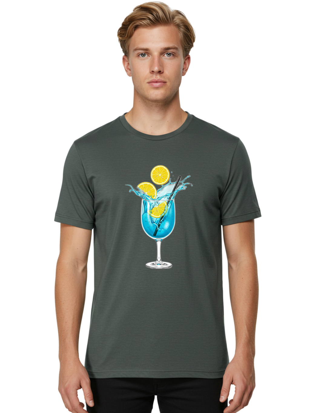 Blue-Cocktail Men'S Graphic Tee, 100% Cotton, Comfortable Casual Summer Wear, Machine Washable, Refreshing Cocktail, Blue Drink, Citrus Slices, Black Straw, Splashing Water, Summer Vibes, Cocktail Hour, Citrusy Flavors Bac641