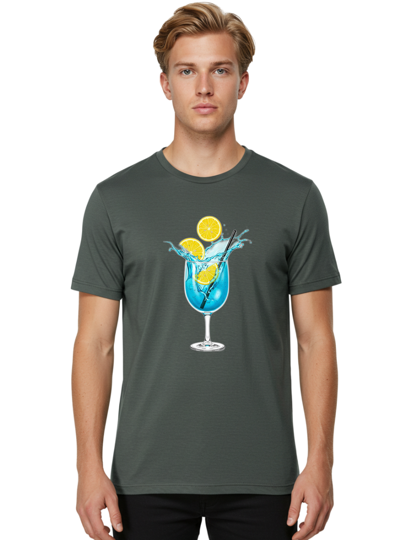 Blue-Cocktail Men'S Graphic Tee, 100% Cotton, Comfortable Casual Summer Wear, Machine Washable, Refreshing Cocktail, Blue Drink, Citrus Slices, Black Straw, Splashing Water, Summer Vibes, Cocktail Hour, Citrusy Flavors Bac641