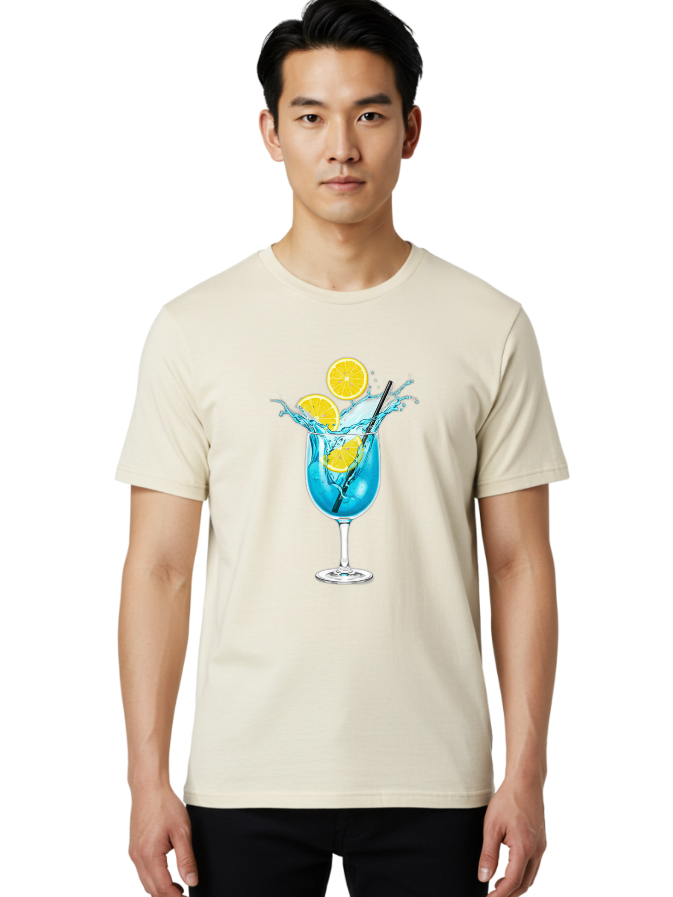 Blue-Cocktail Men'S Graphic Tee, 100% Cotton, Comfortable Casual Summer Wear, Machine Washable, Refreshing Cocktail, Blue Drink, Citrus Slices, Black Straw, Splashing Water, Summer Vibes, Cocktail Hour, Citrusy Flavors Bac641