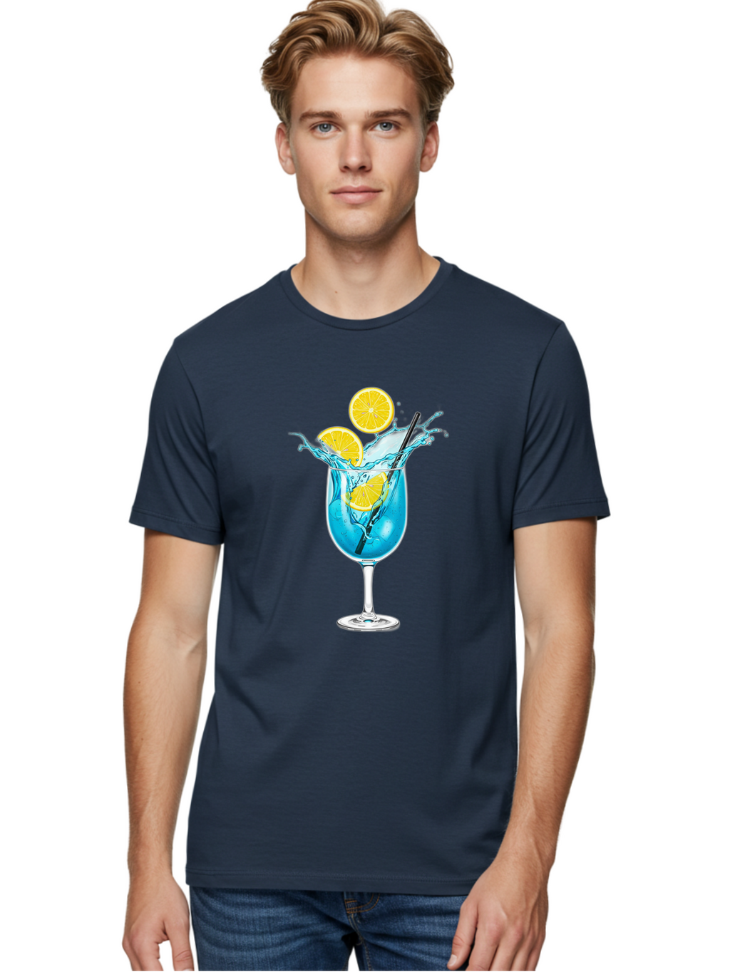 Blue-Cocktail Men'S Graphic Tee, 100% Cotton, Comfortable Casual Summer Wear, Machine Washable, Refreshing Cocktail, Blue Drink, Citrus Slices, Black Straw, Splashing Water, Summer Vibes, Cocktail Hour, Citrusy Flavors Bac641