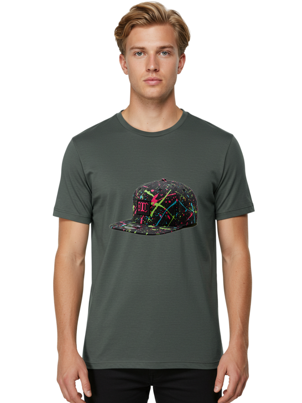 Bmc-Paint-Splatter-Baseball-Cap Men'S Graphic Tee, 100% Cotton, Comfortable Casual Summer Wear, Machine Washable, Splatter Cap, Streetwear Fashion, Bold Design, Neon Colors, Trendy Hat, Emc Logo, Vibrant Splatters, Urban Style, Edgy Caps Bac642