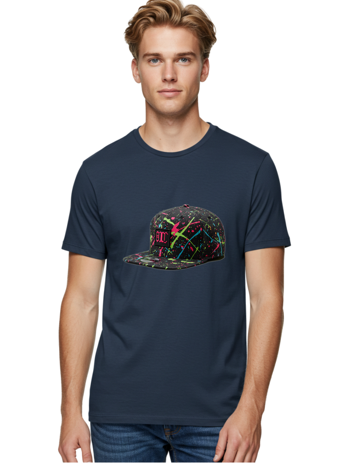 Bmc-Paint-Splatter-Baseball-Cap Men'S Graphic Tee, 100% Cotton, Comfortable Casual Summer Wear, Machine Washable, Splatter Cap, Streetwear Fashion, Bold Design, Neon Colors, Trendy Hat, Emc Logo, Vibrant Splatters, Urban Style, Edgy Caps Bac642