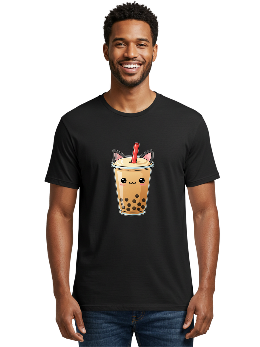 Boba-Cat Men'S Graphic Tee, 100% Cotton, Comfortable Casual Summer Wear, Machine Washable, Boba Tea, Milk Tea, Bubble Tea, Kawaii Culture, Cute Drink, Cartoon Character, Red Straw, Black Boba, Adorable Face, Anime Style, Tea Lover, Bac643
