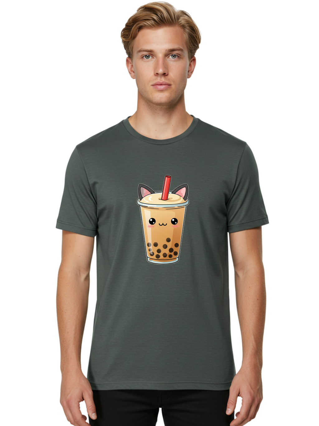 Boba-Cat Men'S Graphic Tee, 100% Cotton, Comfortable Casual Summer Wear, Machine Washable, Boba Tea, Milk Tea, Bubble Tea, Kawaii Culture, Cute Drink, Cartoon Character, Red Straw, Black Boba, Adorable Face, Anime Style, Tea Lover, Bac643