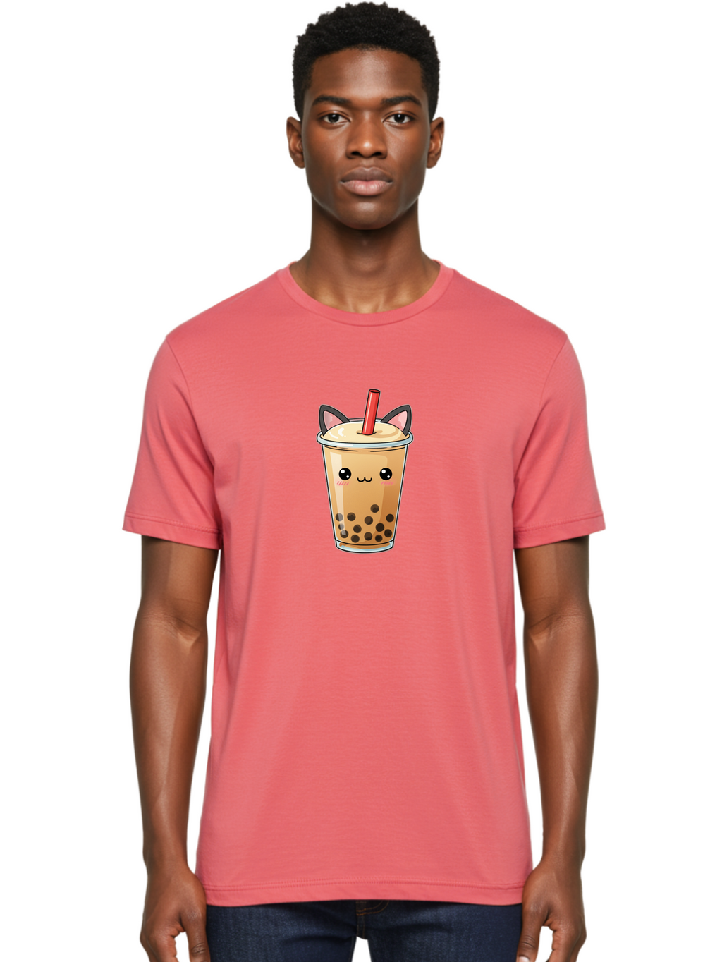 Boba-Cat Men'S Graphic Tee, 100% Cotton, Comfortable Casual Summer Wear, Machine Washable, Boba Tea, Milk Tea, Bubble Tea, Kawaii Culture, Cute Drink, Cartoon Character, Red Straw, Black Boba, Adorable Face, Anime Style, Tea Lover, Bac643