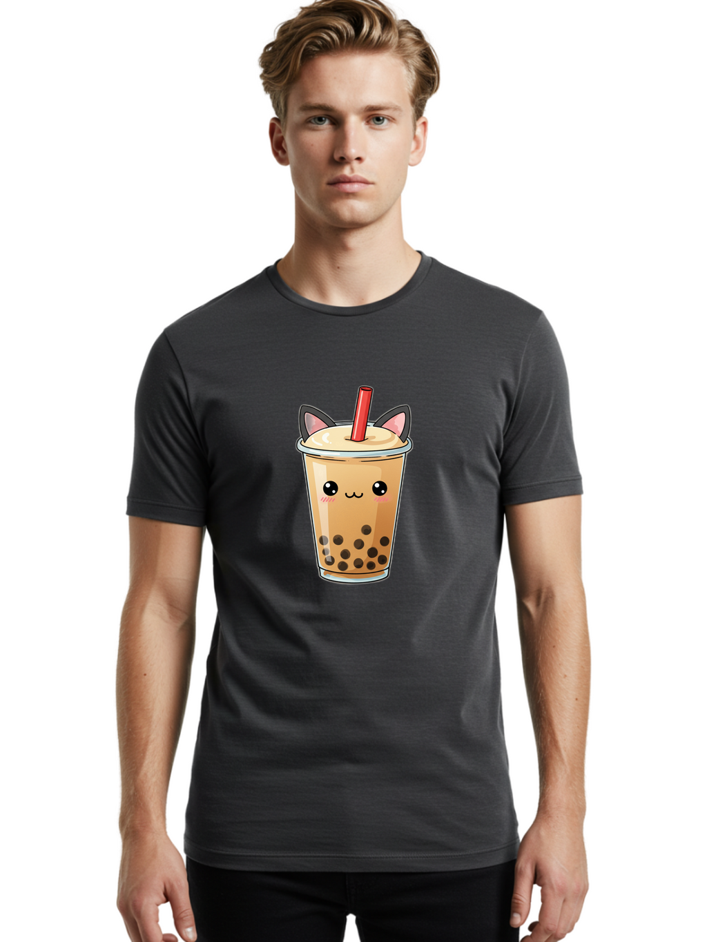 Boba-Cat Men'S Graphic Tee, 100% Cotton, Comfortable Casual Summer Wear, Machine Washable, Boba Tea, Milk Tea, Bubble Tea, Kawaii Culture, Cute Drink, Cartoon Character, Red Straw, Black Boba, Adorable Face, Anime Style, Tea Lover, Bac643