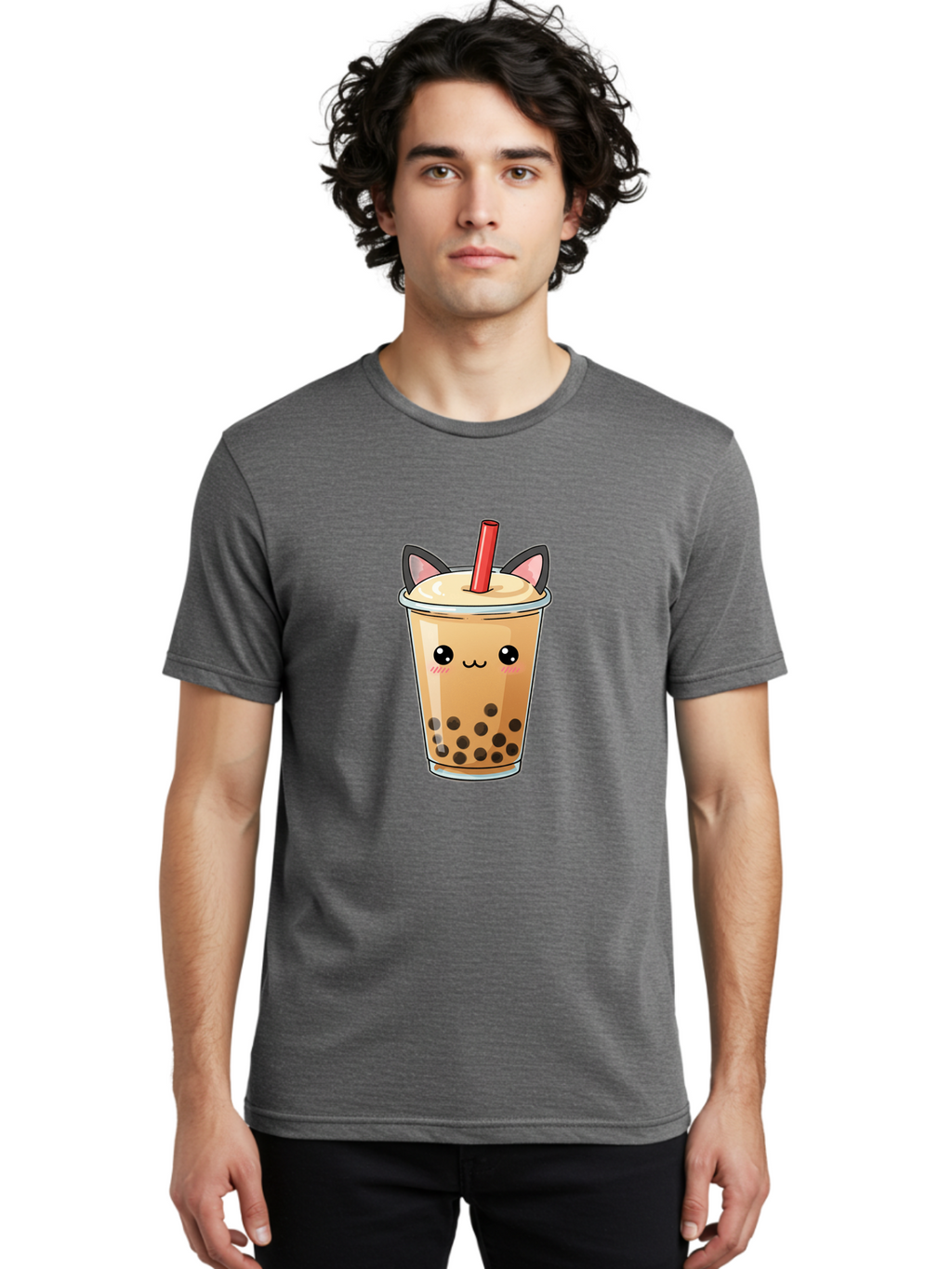 Boba-Cat Men'S Graphic Tee, 100% Cotton, Comfortable Casual Summer Wear, Machine Washable, Boba Tea, Milk Tea, Bubble Tea, Kawaii Culture, Cute Drink, Cartoon Character, Red Straw, Black Boba, Adorable Face, Anime Style, Tea Lover, Bac643