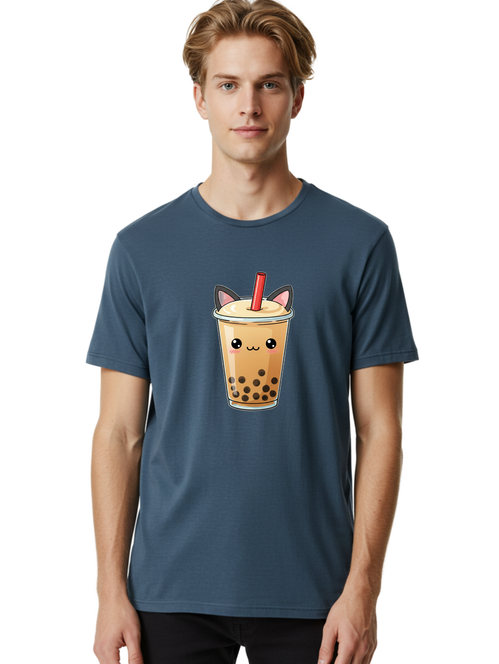 Boba-Cat Men'S Graphic Tee, 100% Cotton, Comfortable Casual Summer Wear, Machine Washable, Boba Tea, Milk Tea, Bubble Tea, Kawaii Culture, Cute Drink, Cartoon Character, Red Straw, Black Boba, Adorable Face, Anime Style, Tea Lover, Bac643