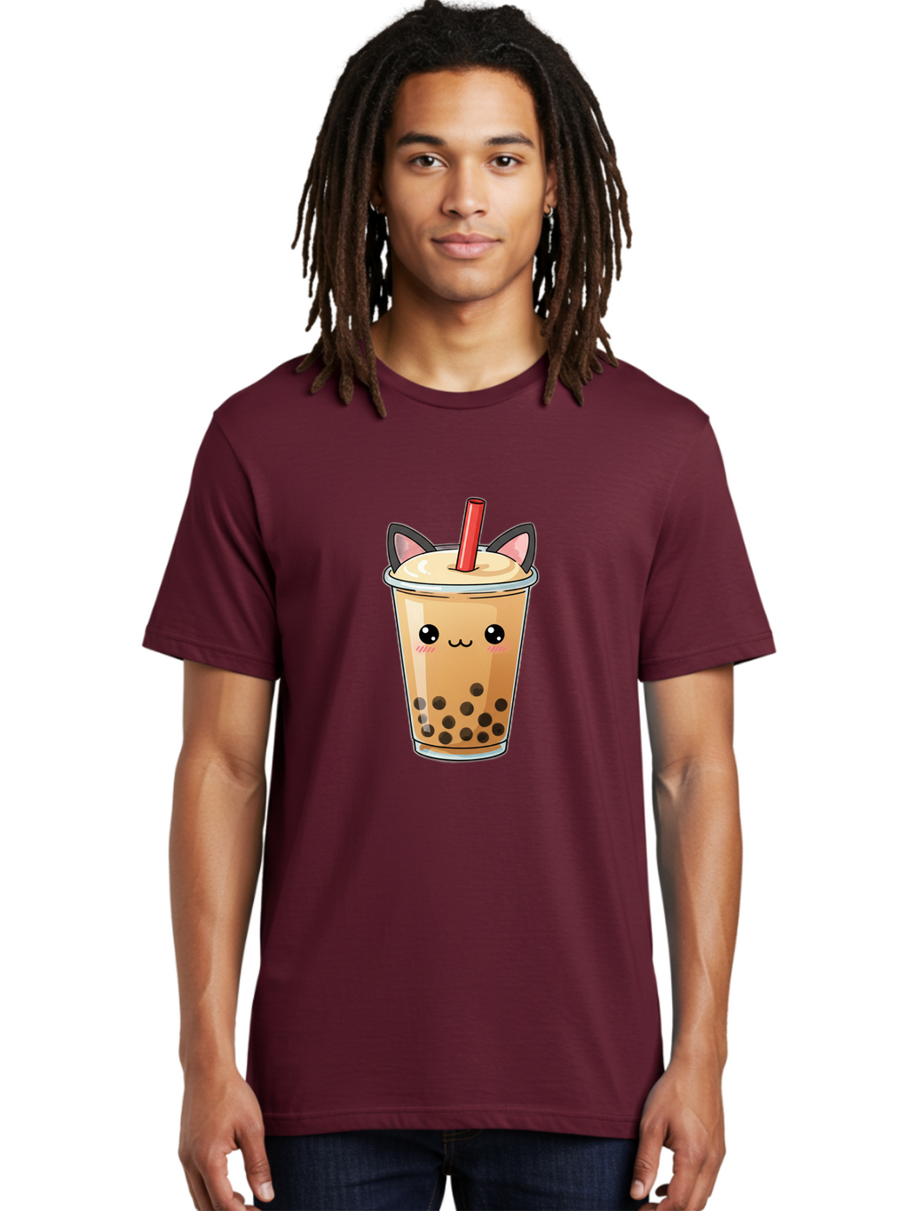 Boba-Cat Men'S Graphic Tee, 100% Cotton, Comfortable Casual Summer Wear, Machine Washable, Boba Tea, Milk Tea, Bubble Tea, Kawaii Culture, Cute Drink, Cartoon Character, Red Straw, Black Boba, Adorable Face, Anime Style, Tea Lover, Bac643