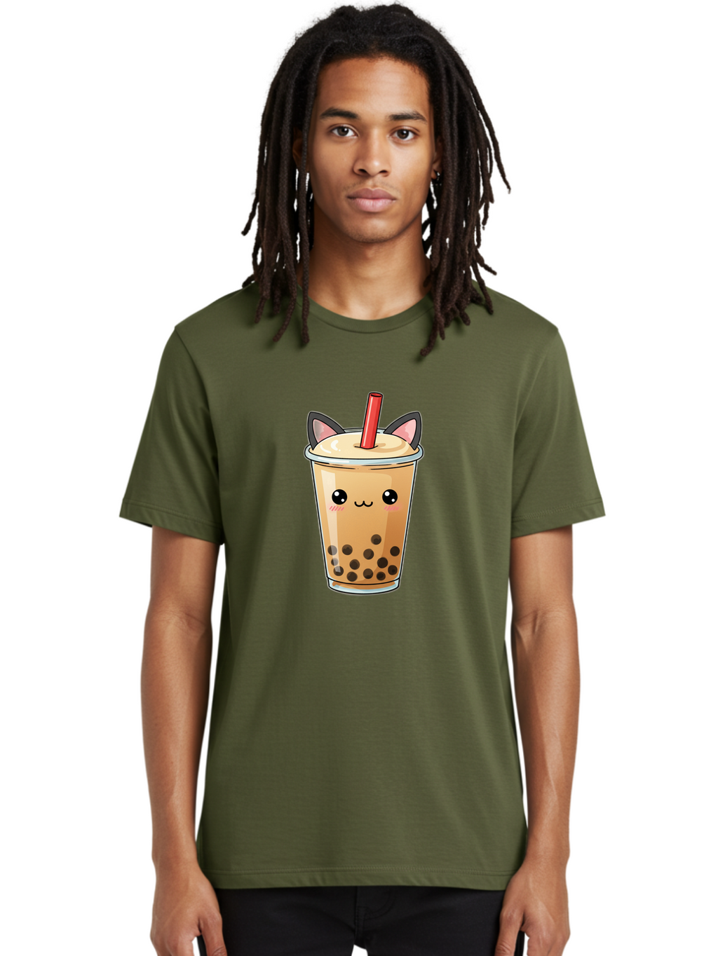 Boba-Cat Men'S Graphic Tee, 100% Cotton, Comfortable Casual Summer Wear, Machine Washable, Boba Tea, Milk Tea, Bubble Tea, Kawaii Culture, Cute Drink, Cartoon Character, Red Straw, Black Boba, Adorable Face, Anime Style, Tea Lover, Bac643