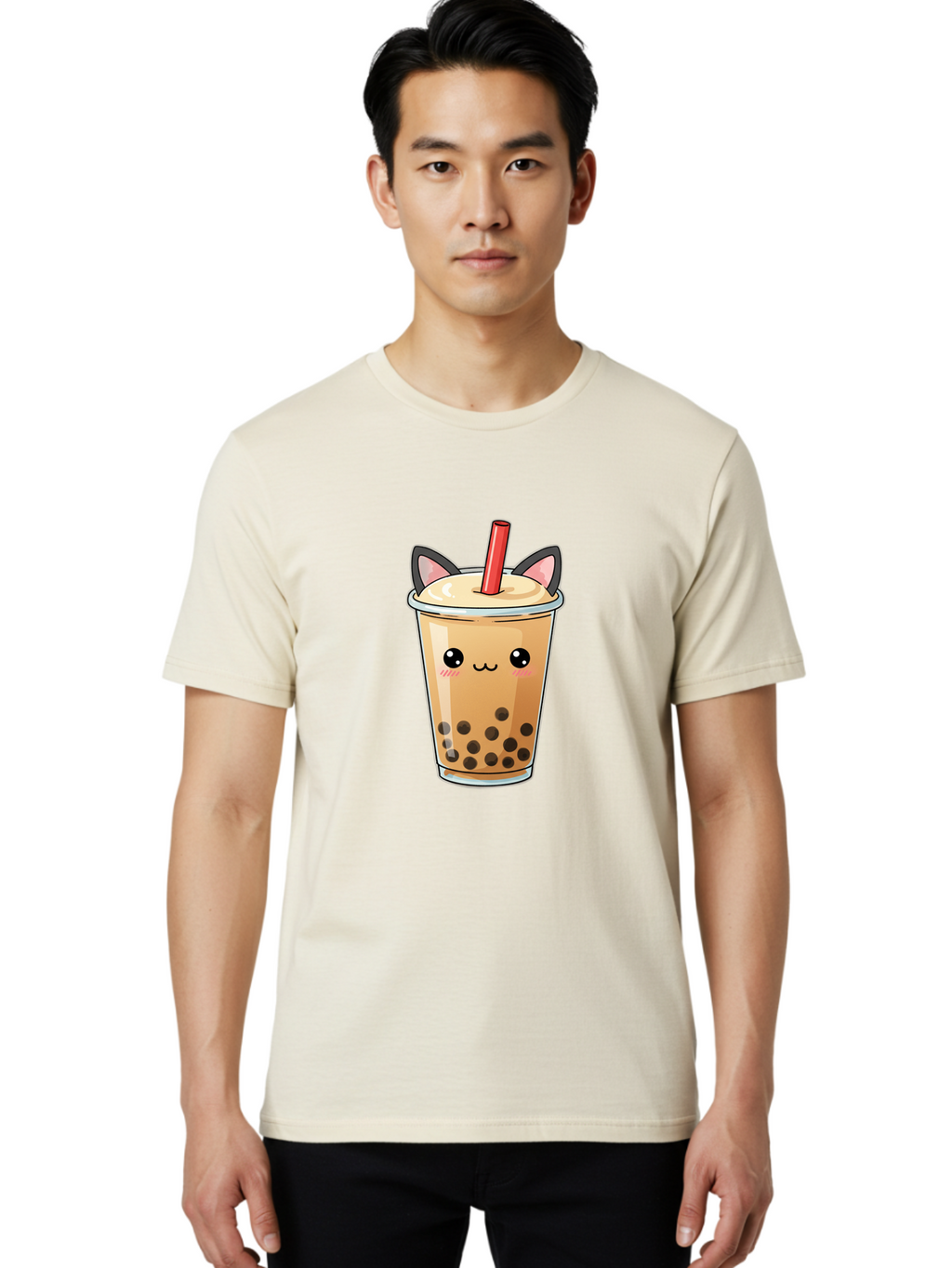 Boba-Cat Men'S Graphic Tee, 100% Cotton, Comfortable Casual Summer Wear, Machine Washable, Boba Tea, Milk Tea, Bubble Tea, Kawaii Culture, Cute Drink, Cartoon Character, Red Straw, Black Boba, Adorable Face, Anime Style, Tea Lover, Bac643