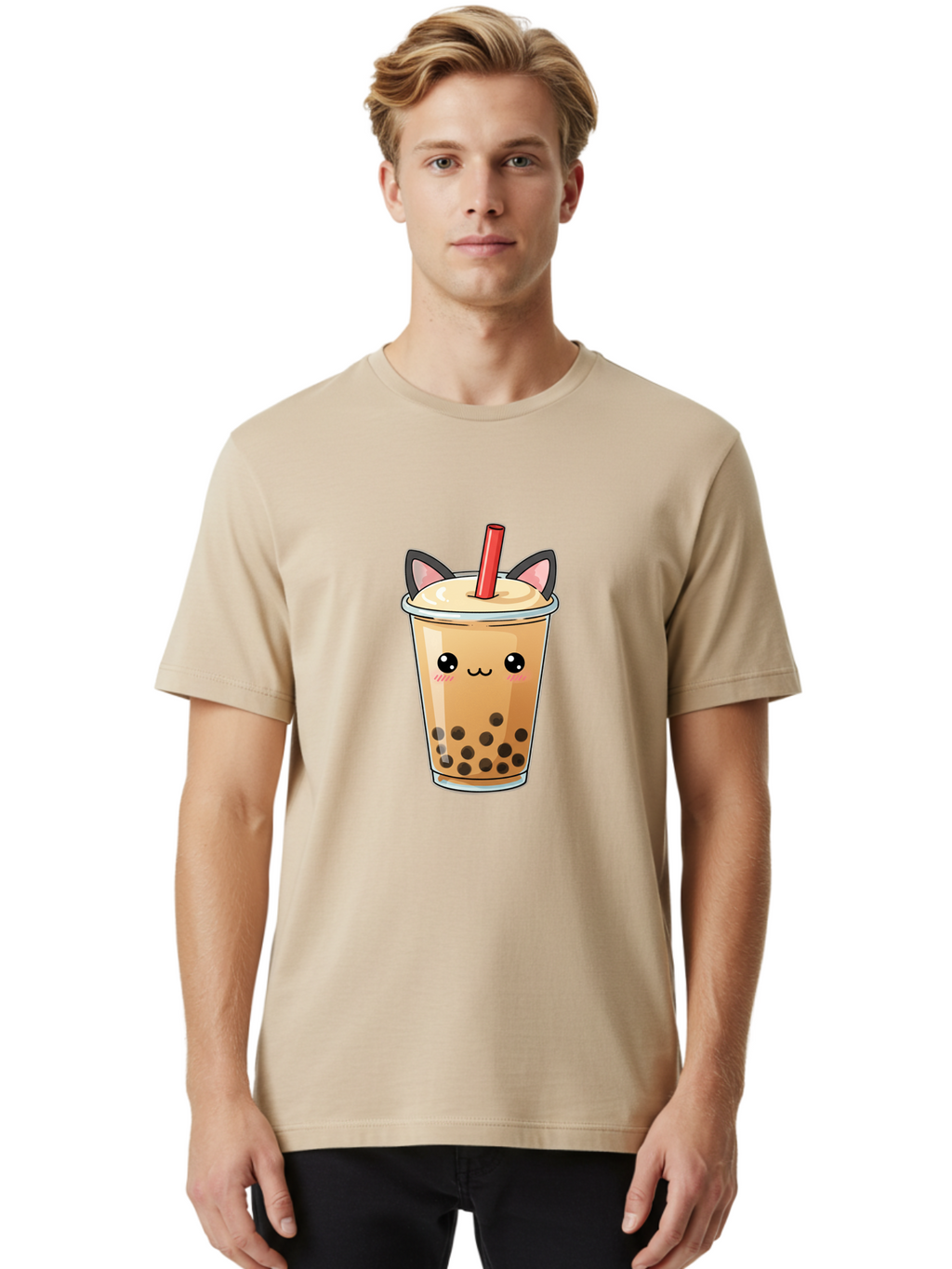 Boba-Cat Men'S Graphic Tee, 100% Cotton, Comfortable Casual Summer Wear, Machine Washable, Boba Tea, Milk Tea, Bubble Tea, Kawaii Culture, Cute Drink, Cartoon Character, Red Straw, Black Boba, Adorable Face, Anime Style, Tea Lover, Bac643
