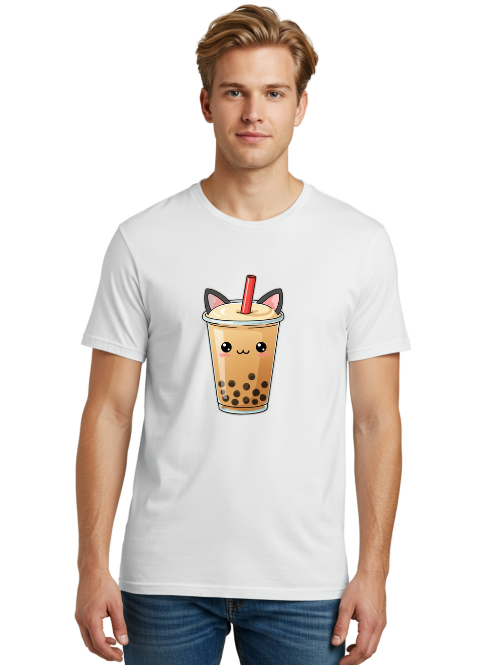 Boba-Cat Men'S Graphic Tee, 100% Cotton, Comfortable Casual Summer Wear, Machine Washable, Boba Tea, Milk Tea, Bubble Tea, Kawaii Culture, Cute Drink, Cartoon Character, Red Straw, Black Boba, Adorable Face, Anime Style, Tea Lover, Bac643