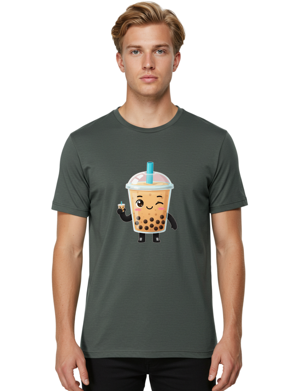Boba-Character Men'S Graphic Tee, 100% Cotton, Comfortable Casual Summer Wear, Machine Washable, Boba Tea, Bubble Tea, Cute Character, Smiling Cup, Black Boba, Tea Drink, Beverage Character, Happy Face, Cartoon Style, Tea Lover Bac644