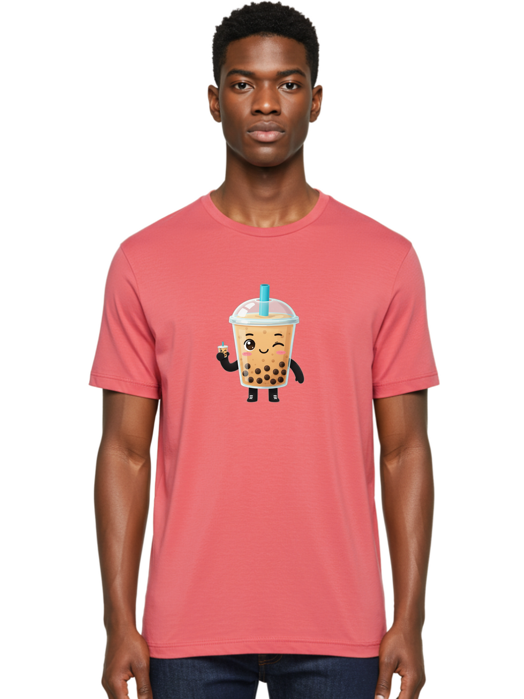 Boba-Character Men'S Graphic Tee, 100% Cotton, Comfortable Casual Summer Wear, Machine Washable, Boba Tea, Bubble Tea, Cute Character, Smiling Cup, Black Boba, Tea Drink, Beverage Character, Happy Face, Cartoon Style, Tea Lover Bac644