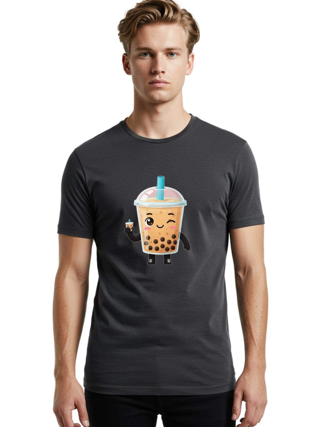Boba-Character Men'S Graphic Tee, 100% Cotton, Comfortable Casual Summer Wear, Machine Washable, Boba Tea, Bubble Tea, Cute Character, Smiling Cup, Black Boba, Tea Drink, Beverage Character, Happy Face, Cartoon Style, Tea Lover Bac644