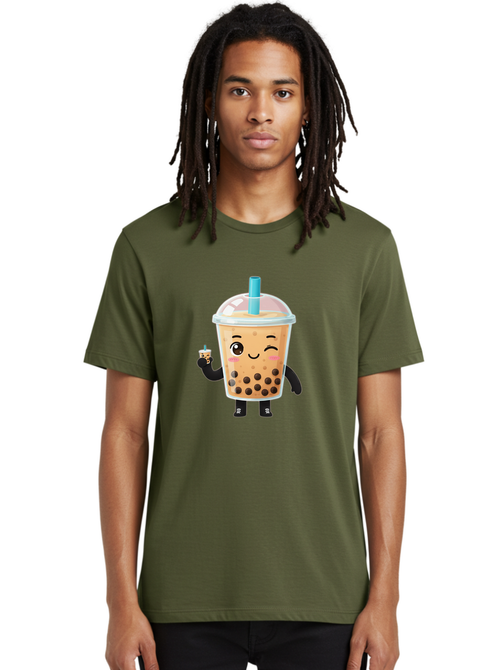 Boba-Character Men'S Graphic Tee, 100% Cotton, Comfortable Casual Summer Wear, Machine Washable, Boba Tea, Bubble Tea, Cute Character, Smiling Cup, Black Boba, Tea Drink, Beverage Character, Happy Face, Cartoon Style, Tea Lover Bac644