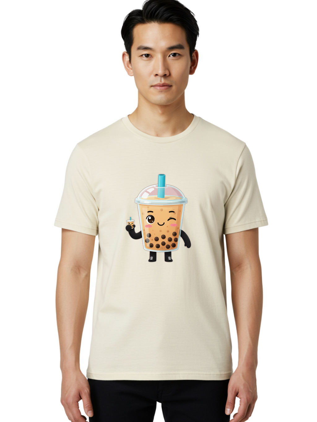 Boba-Character Men'S Graphic Tee, 100% Cotton, Comfortable Casual Summer Wear, Machine Washable, Boba Tea, Bubble Tea, Cute Character, Smiling Cup, Black Boba, Tea Drink, Beverage Character, Happy Face, Cartoon Style, Tea Lover Bac644