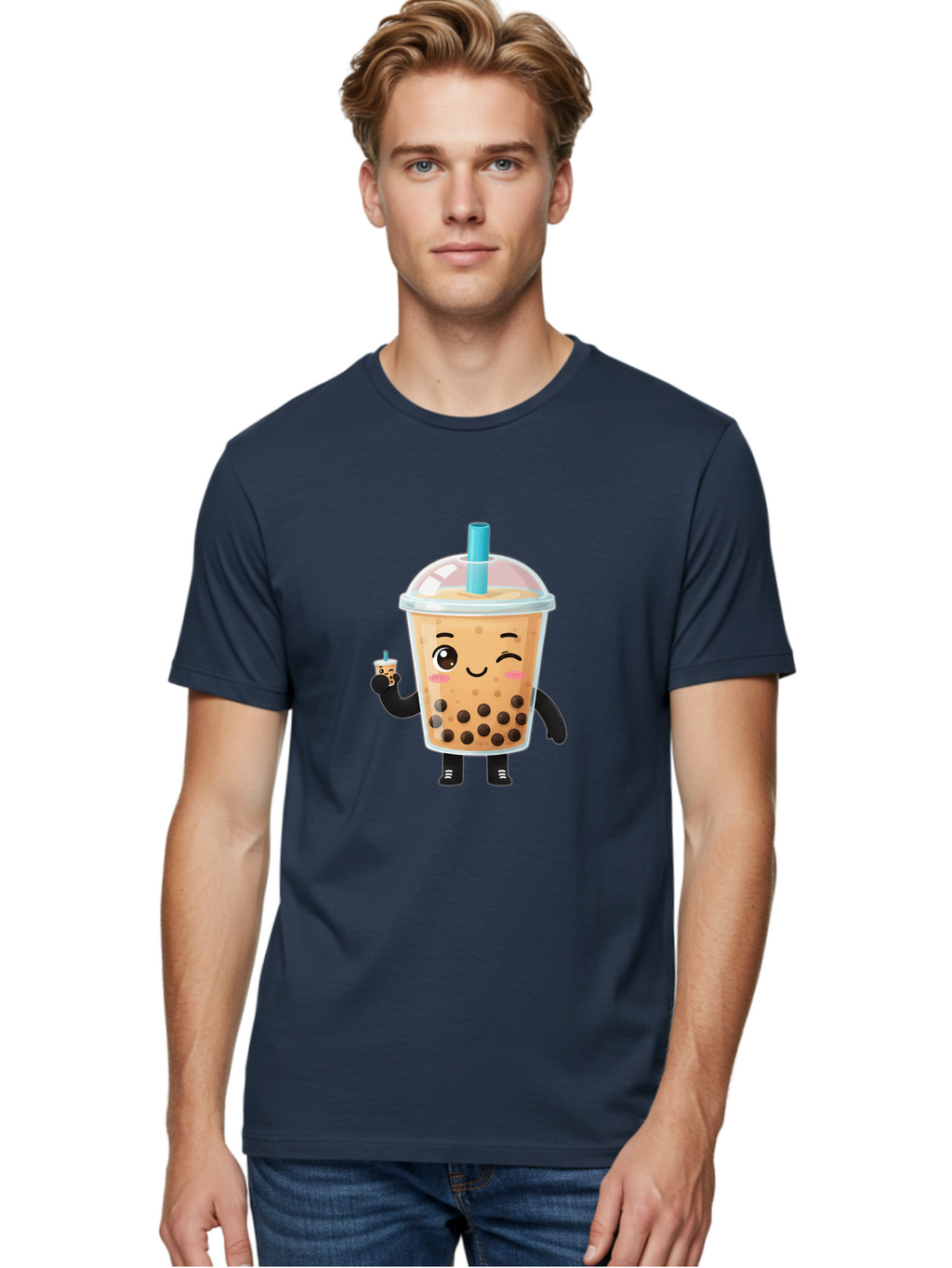 Boba-Character Men'S Graphic Tee, 100% Cotton, Comfortable Casual Summer Wear, Machine Washable, Boba Tea, Bubble Tea, Cute Character, Smiling Cup, Black Boba, Tea Drink, Beverage Character, Happy Face, Cartoon Style, Tea Lover Bac644