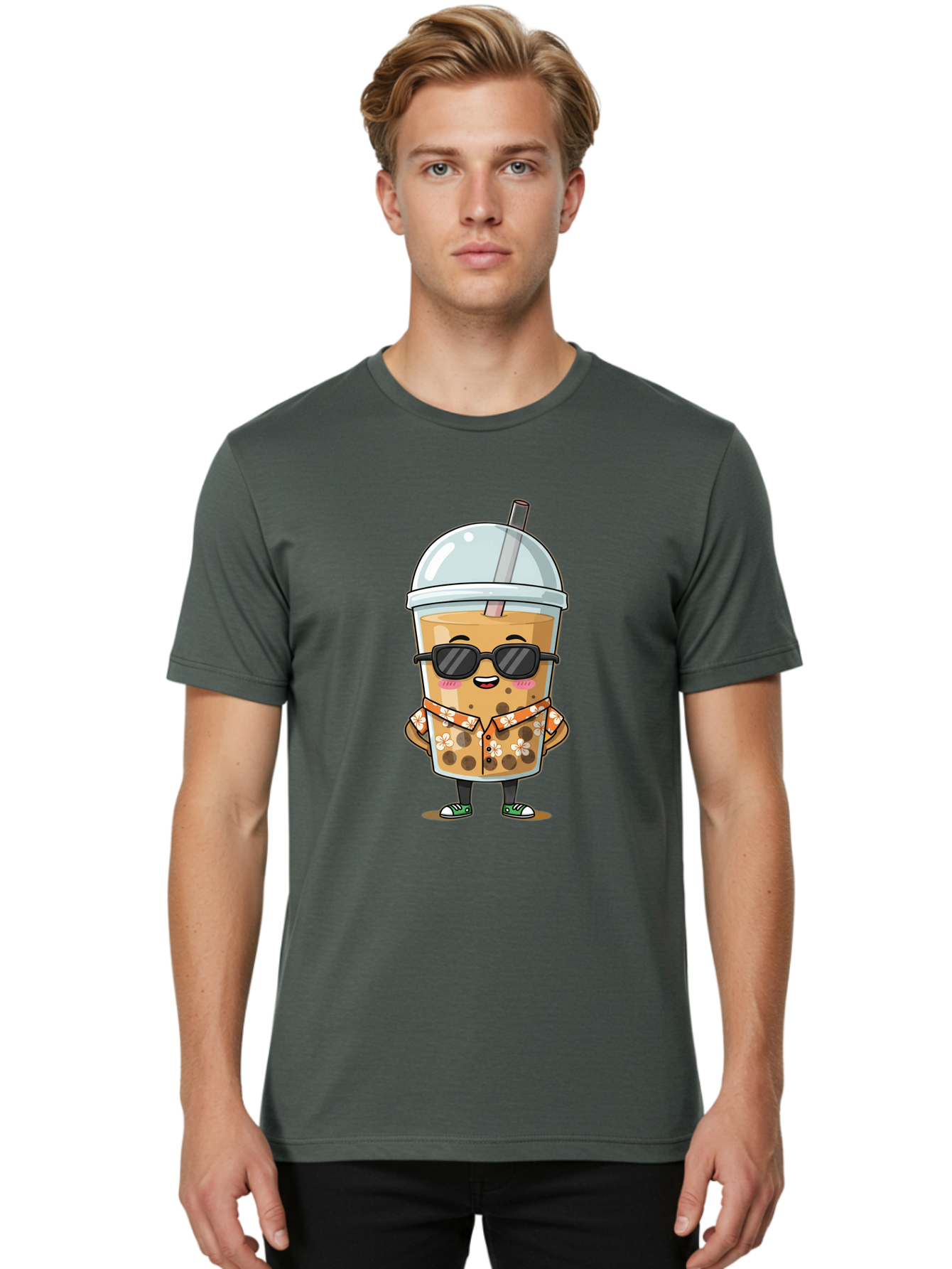 Boba-Cool Men'S Graphic Tee, 100% Cotton, Comfortable Casual Summer Wear, Machine Washable, Bubble Tea Character, Kawaii Drink, Sunglasses, Floral Shirt, Cute Cartoon, Boba Tea, Happy Expression, Trendy Vibe, Refreshing Beverage Bac645