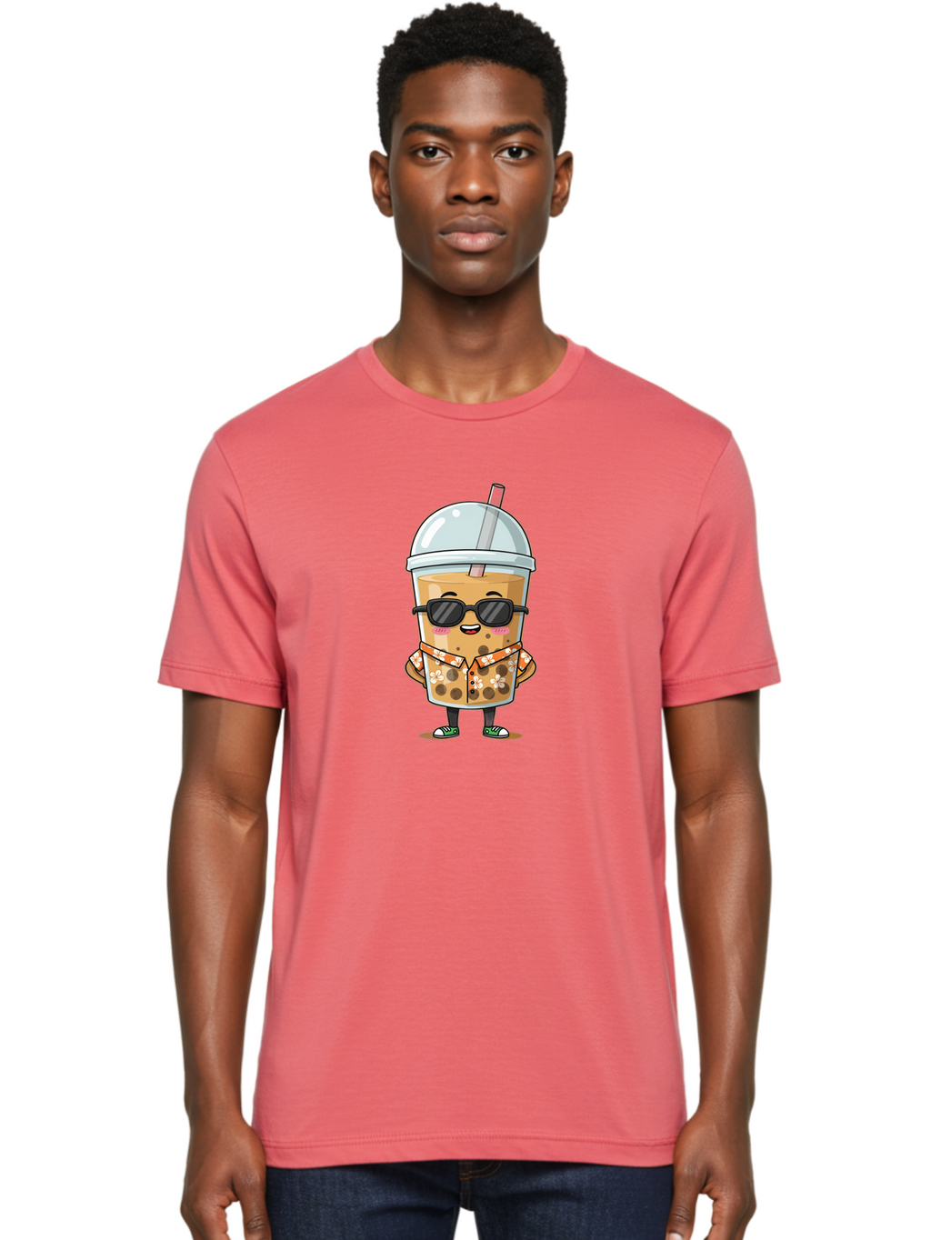 Boba-Cool Men'S Graphic Tee, 100% Cotton, Comfortable Casual Summer Wear, Machine Washable, Bubble Tea Character, Kawaii Drink, Sunglasses, Floral Shirt, Cute Cartoon, Boba Tea, Happy Expression, Trendy Vibe, Refreshing Beverage Bac645