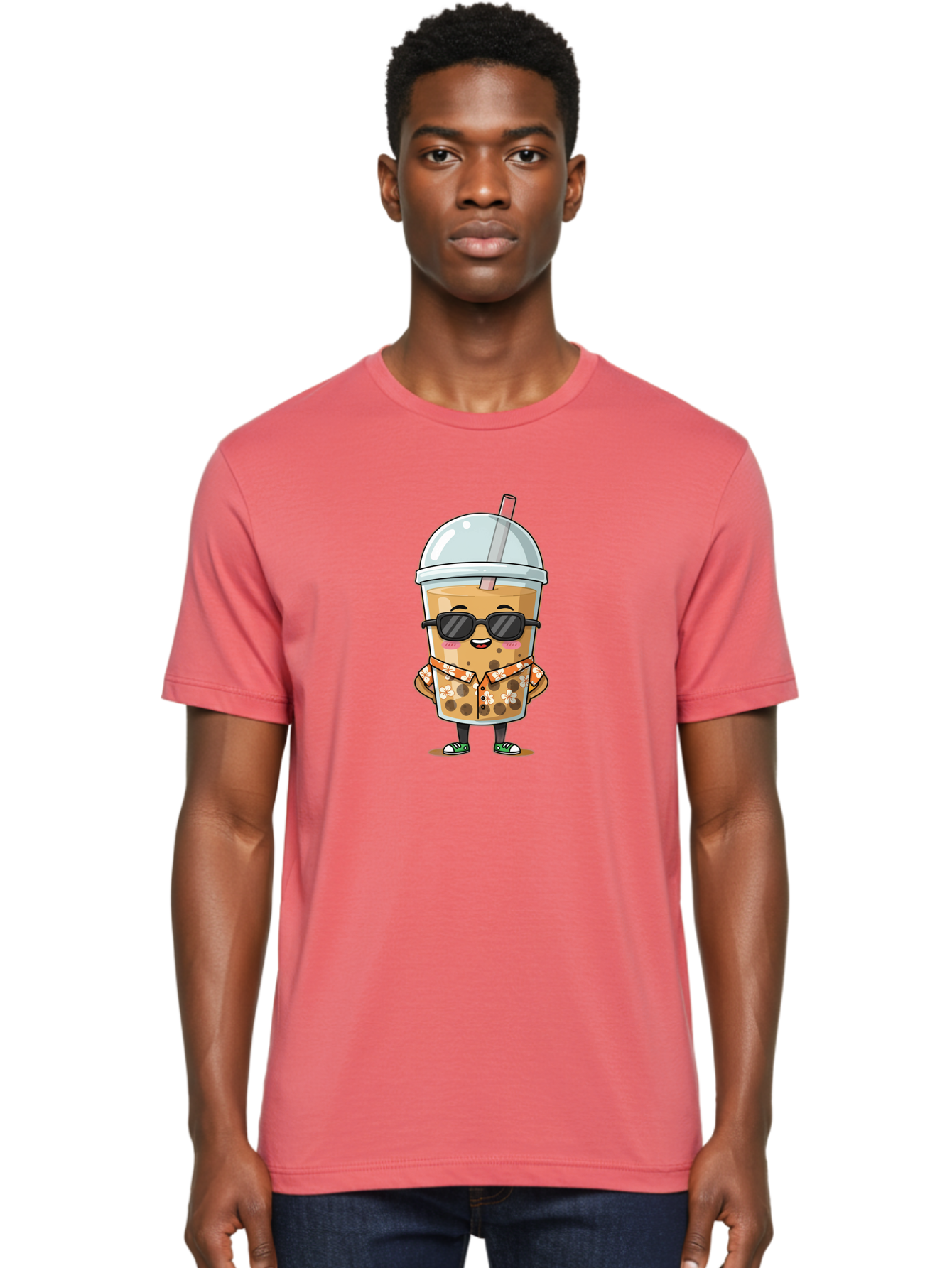 Boba-Cool Men'S Graphic Tee, 100% Cotton, Comfortable Casual Summer Wear, Machine Washable, Bubble Tea Character, Kawaii Drink, Sunglasses, Floral Shirt, Cute Cartoon, Boba Tea, Happy Expression, Trendy Vibe, Refreshing Beverage Bac645
