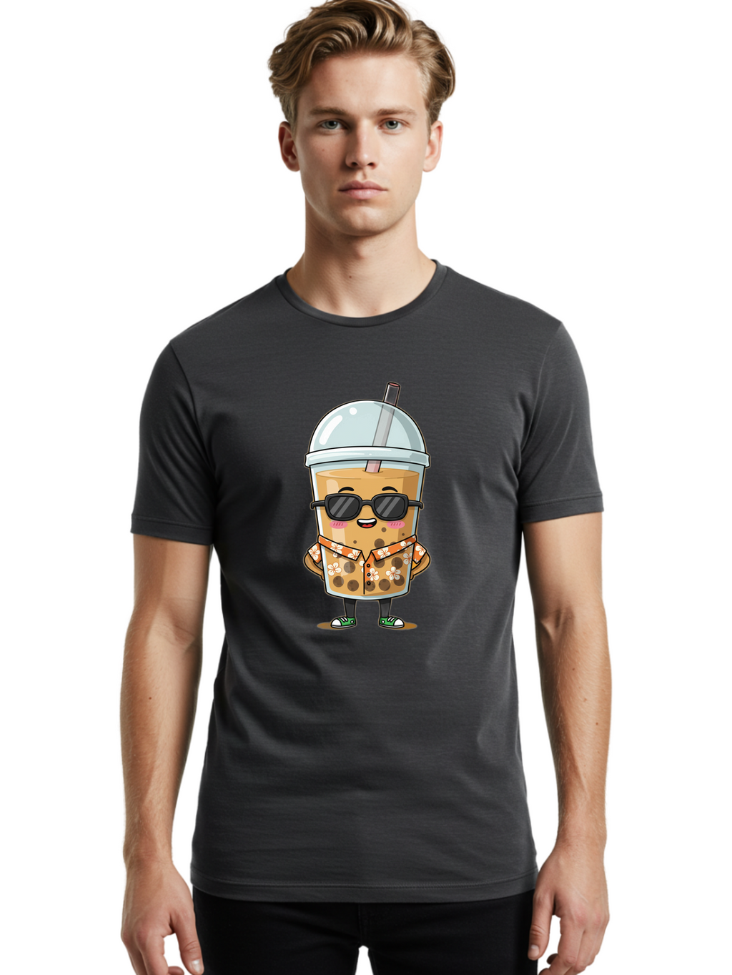 Boba-Cool Men'S Graphic Tee, 100% Cotton, Comfortable Casual Summer Wear, Machine Washable, Bubble Tea Character, Kawaii Drink, Sunglasses, Floral Shirt, Cute Cartoon, Boba Tea, Happy Expression, Trendy Vibe, Refreshing Beverage Bac645