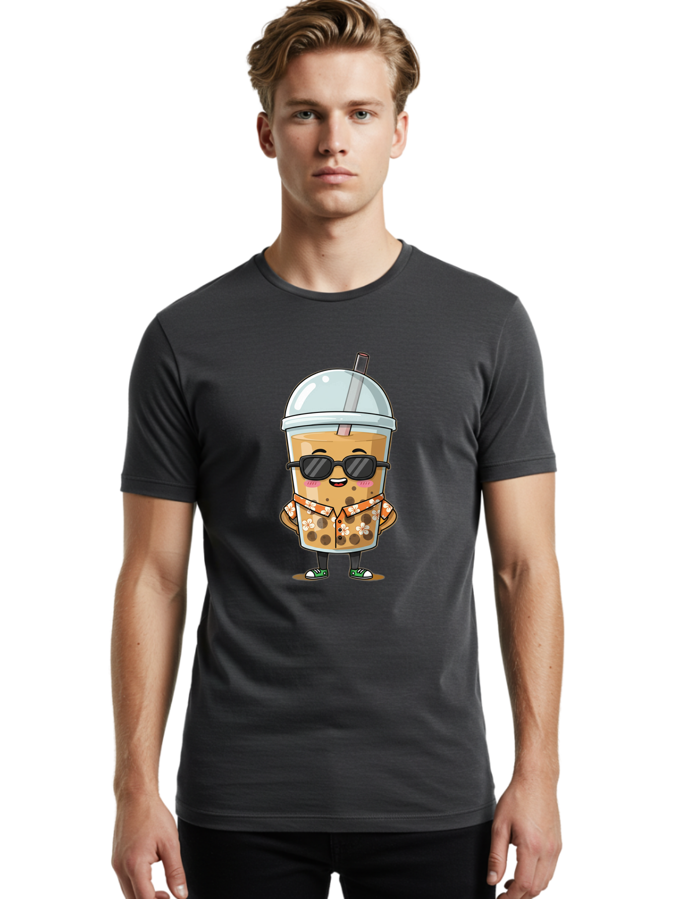 Boba-Cool Men'S Graphic Tee, 100% Cotton, Comfortable Casual Summer Wear, Machine Washable, Bubble Tea Character, Kawaii Drink, Sunglasses, Floral Shirt, Cute Cartoon, Boba Tea, Happy Expression, Trendy Vibe, Refreshing Beverage Bac645