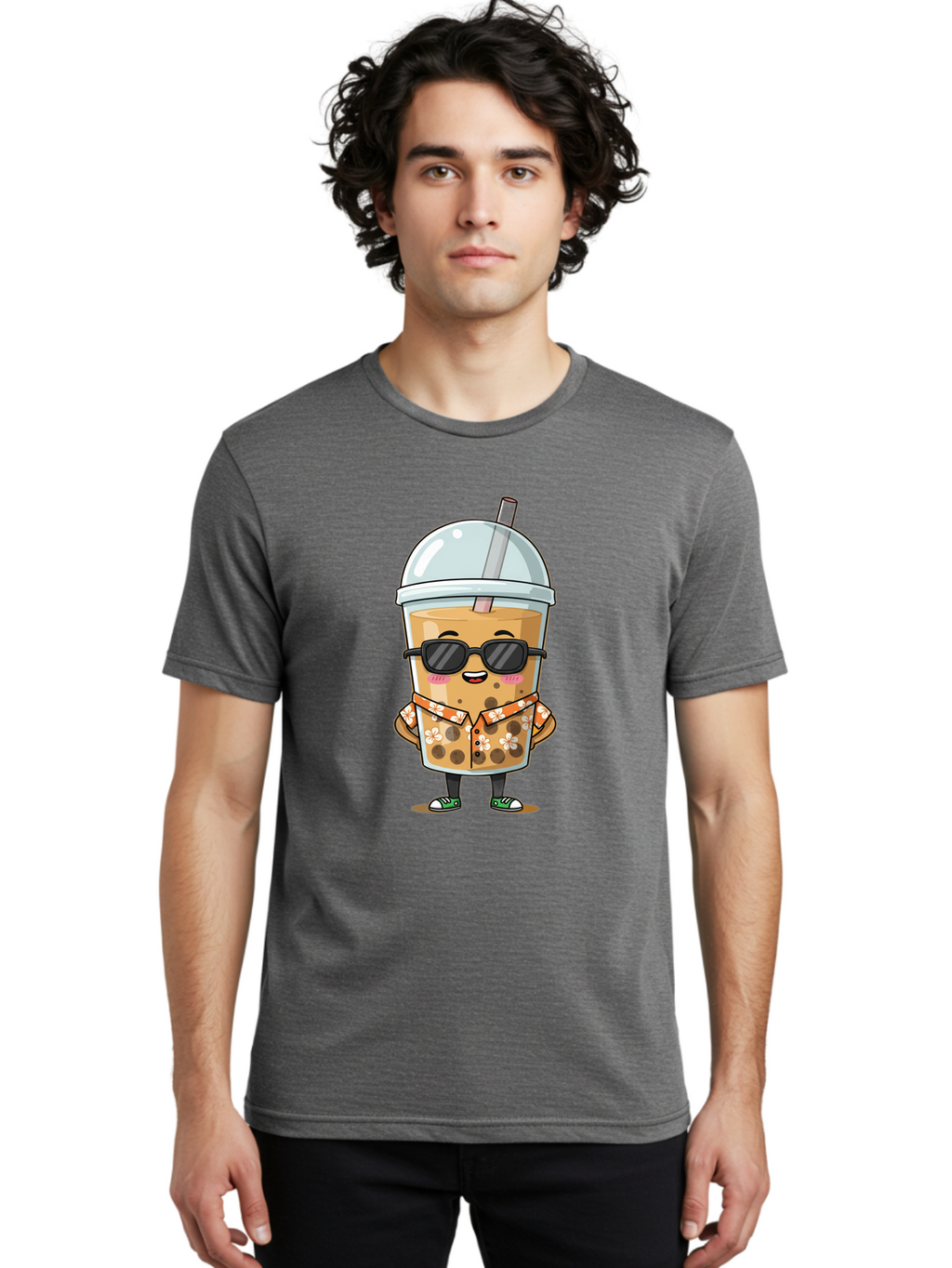 Boba-Cool Men'S Graphic Tee, 100% Cotton, Comfortable Casual Summer Wear, Machine Washable, Bubble Tea Character, Kawaii Drink, Sunglasses, Floral Shirt, Cute Cartoon, Boba Tea, Happy Expression, Trendy Vibe, Refreshing Beverage Bac645