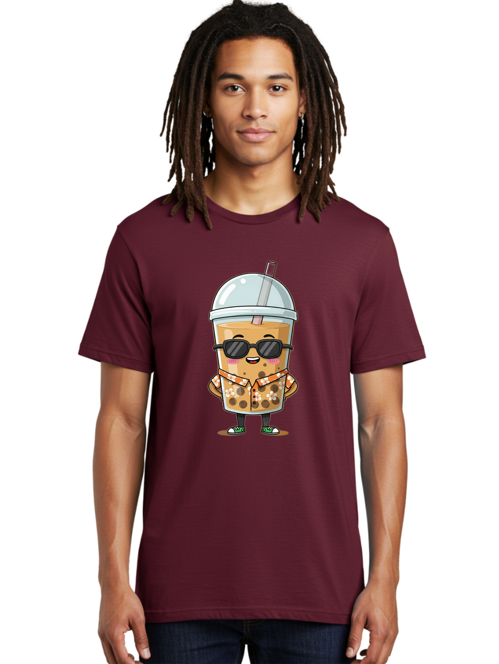 Boba-Cool Men'S Graphic Tee, 100% Cotton, Comfortable Casual Summer Wear, Machine Washable, Bubble Tea Character, Kawaii Drink, Sunglasses, Floral Shirt, Cute Cartoon, Boba Tea, Happy Expression, Trendy Vibe, Refreshing Beverage Bac645