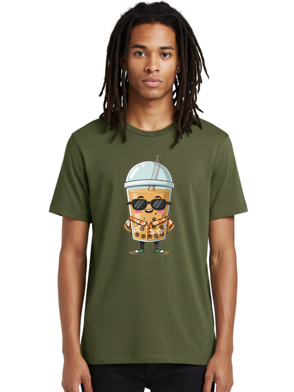 Boba-Cool Men'S Graphic Tee, 100% Cotton, Comfortable Casual Summer Wear, Machine Washable, Bubble Tea Character, Kawaii Drink, Sunglasses, Floral Shirt, Cute Cartoon, Boba Tea, Happy Expression, Trendy Vibe, Refreshing Beverage Bac645