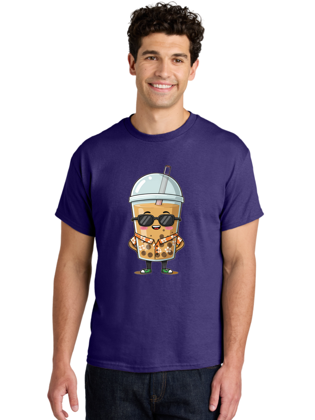 Boba-Cool Men'S Graphic Tee, 100% Cotton, Comfortable Casual Summer Wear, Machine Washable, Bubble Tea Character, Kawaii Drink, Sunglasses, Floral Shirt, Cute Cartoon, Boba Tea, Happy Expression, Trendy Vibe, Refreshing Beverage Bac645