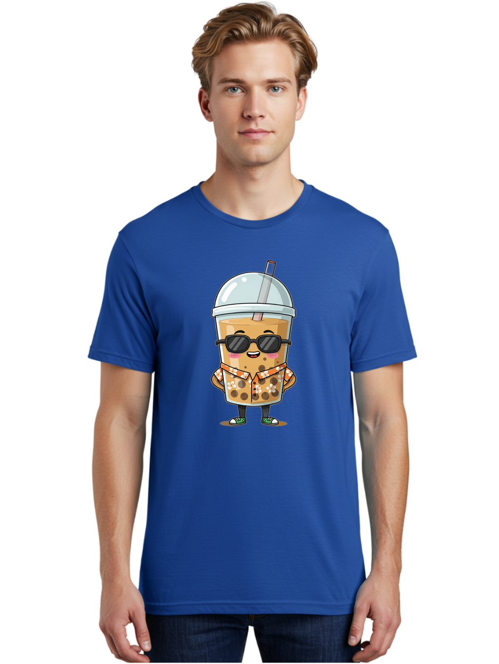 Boba-Cool Men'S Graphic Tee, 100% Cotton, Comfortable Casual Summer Wear, Machine Washable, Bubble Tea Character, Kawaii Drink, Sunglasses, Floral Shirt, Cute Cartoon, Boba Tea, Happy Expression, Trendy Vibe, Refreshing Beverage Bac645